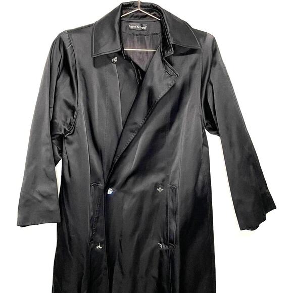 Harve Bernard Black Satin Diamond Design Buttons Trench Coat size 4 - Picture 3 of 11